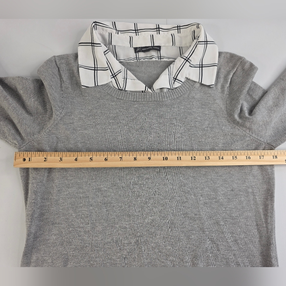 Adrianna Papell Gray Two-fer Sweater with Plaid Accent Size M Office CO-2138 - Picture 7 of 9